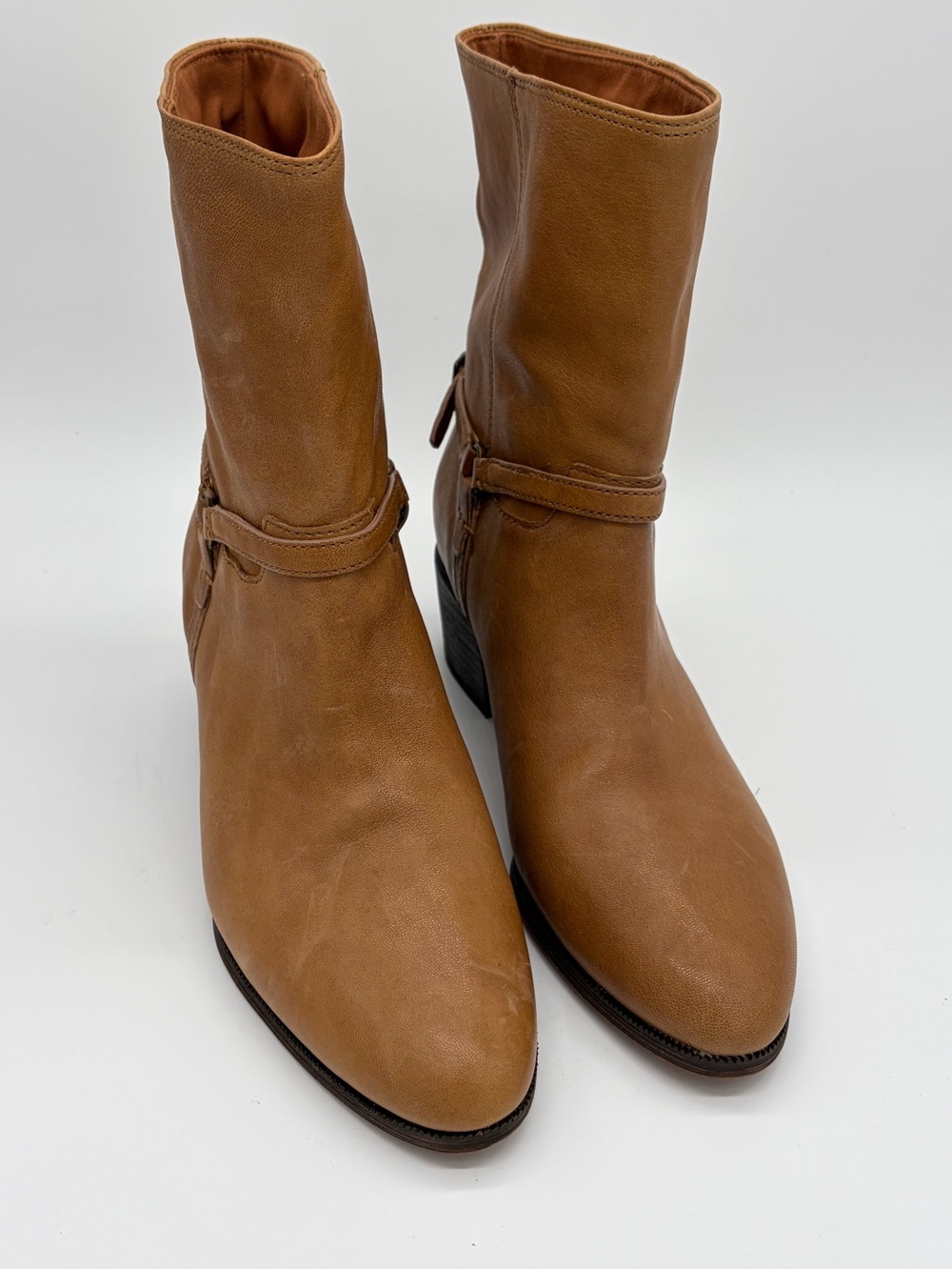 Franco Sarto Kian Leather Harness Ankle Boots Desert Camel Tan Women's 7.5M